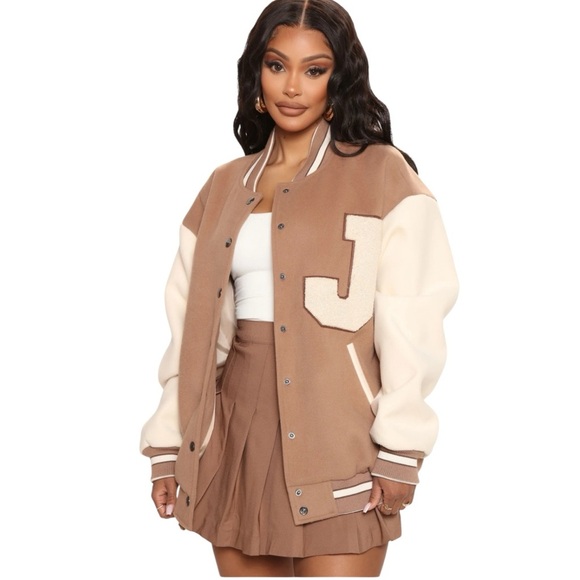 FASHION NOVA Oversized Varsity Jacket Best in Class J Mocha Combo Womens Small - Picture 1 of 17